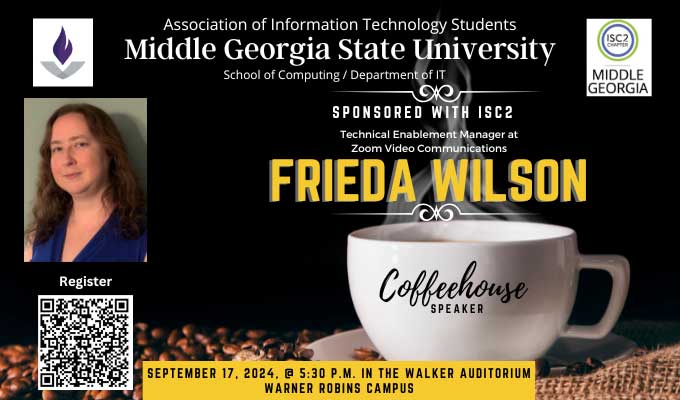 Frieda Wilson AITS/ISC2 Coffeehouse Speaker Series Event flyer.